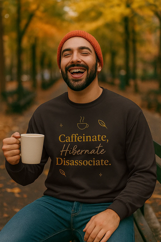 “Caffeinate, Hibernate, Disassociate.” Long Sleeve Shirt | Cozy Fall Coffee Shirt for Introverts & Overthinkers ~Fall