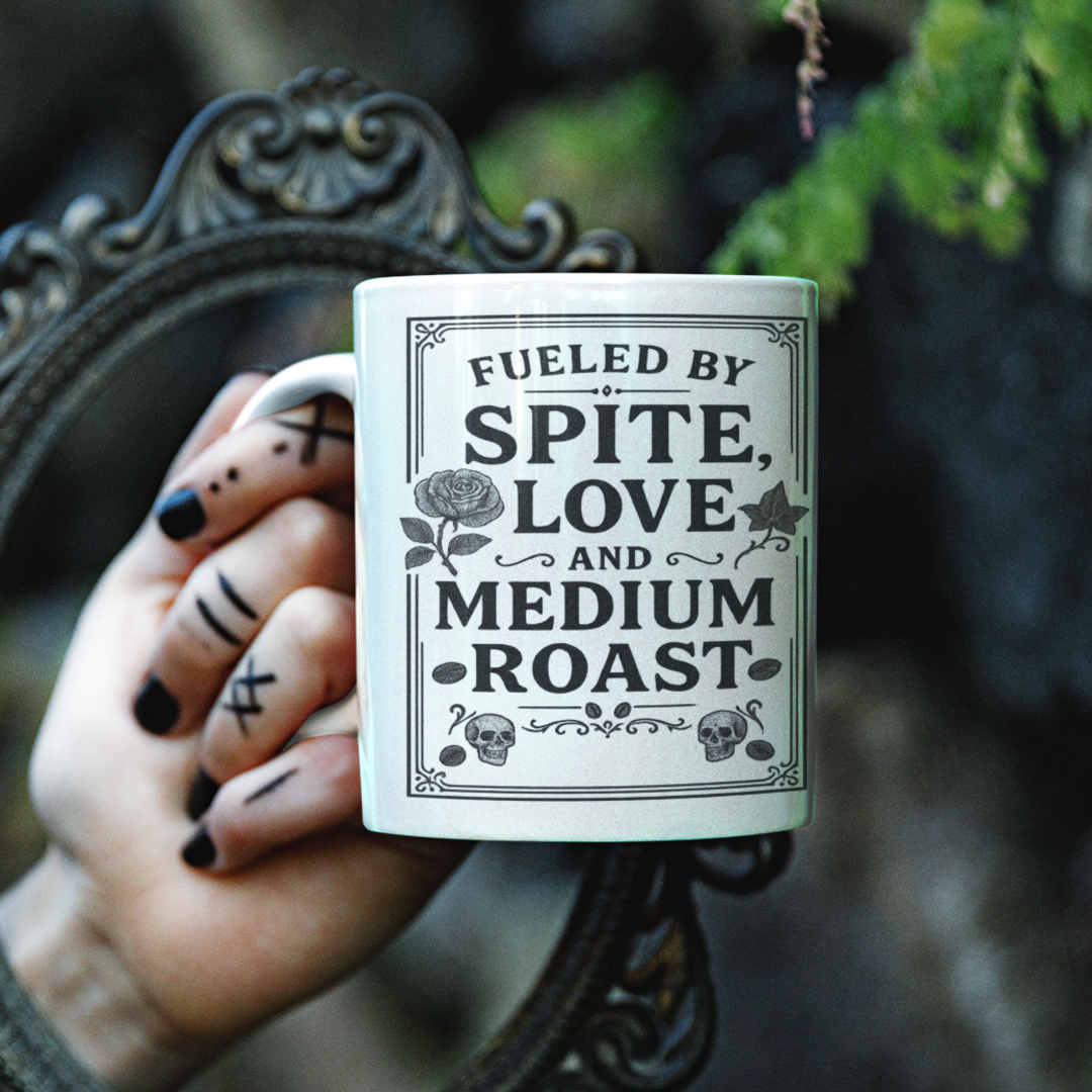 ☕ Fueled by Spite, Love & Medium Roast – 15 oz. White Mug (Gothic Apothecary Style)