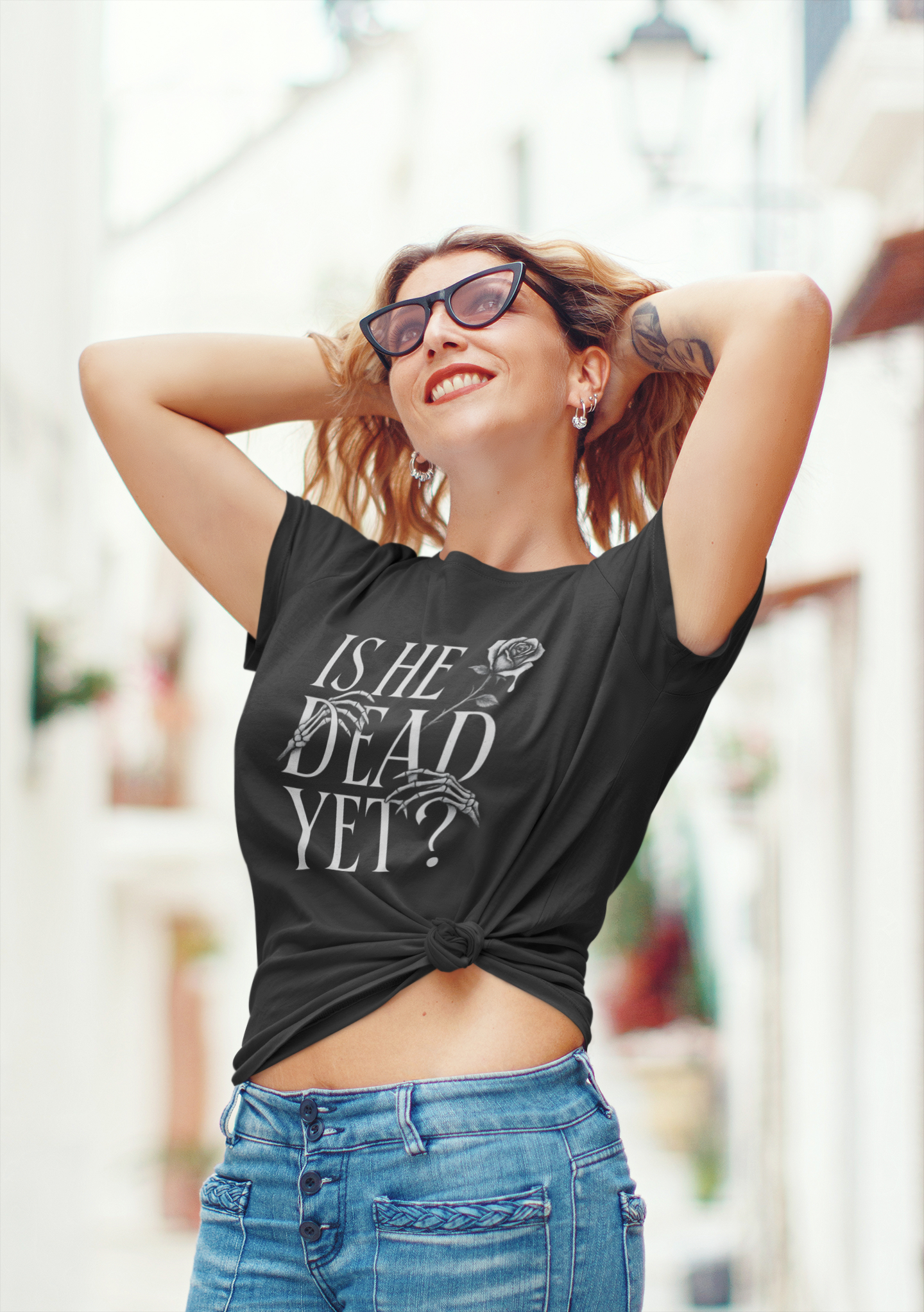 🖤 Is He Dead Yet? – Gothic Passive-Aggressive Parody Tee