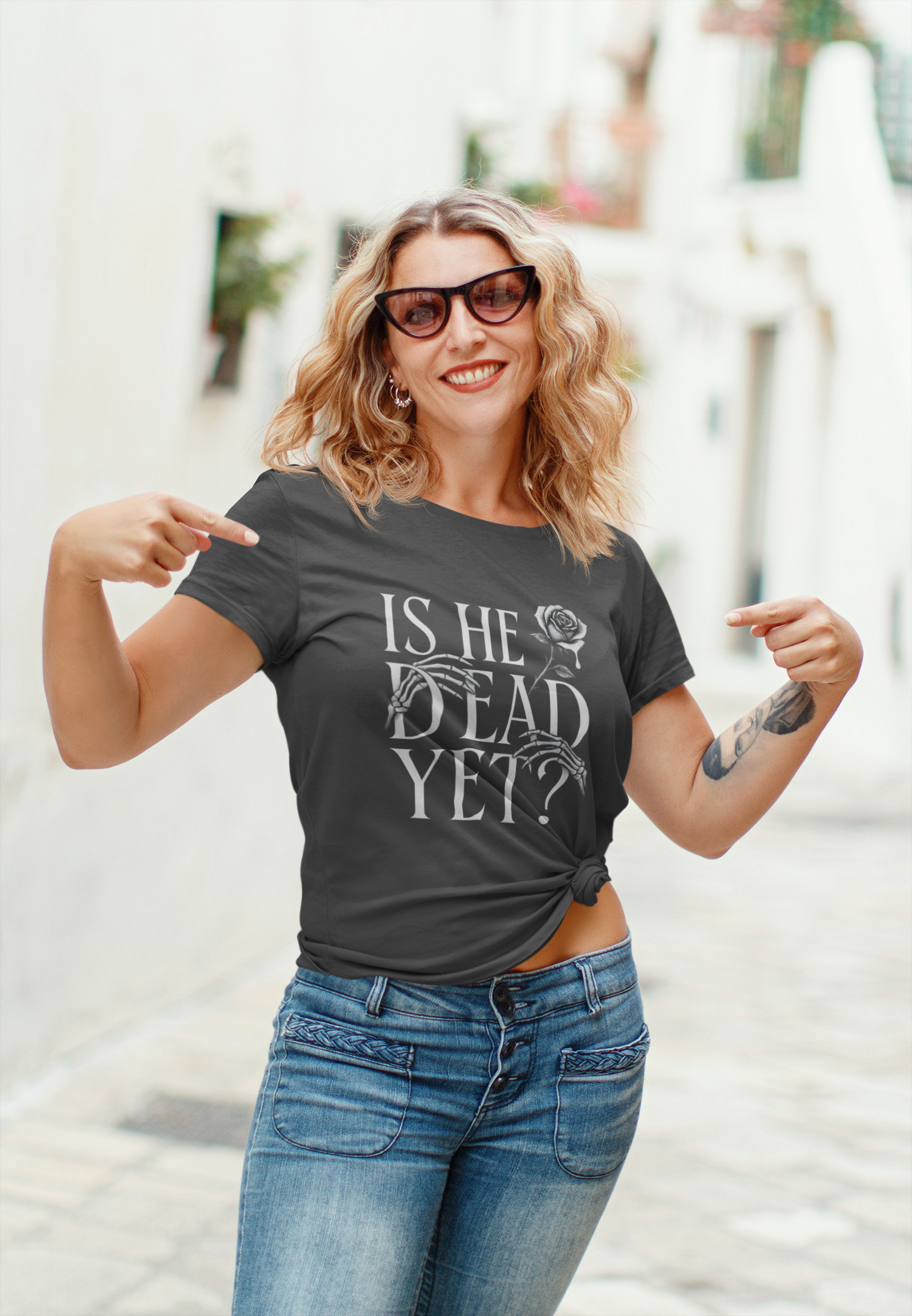 🖤 Is He Dead Yet? – Gothic Passive-Aggressive Parody Tee