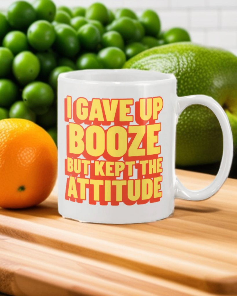 Gave Up Booze But Kept The Attitude Mug | Funny Sobriety Coffee Cup (Black & White)