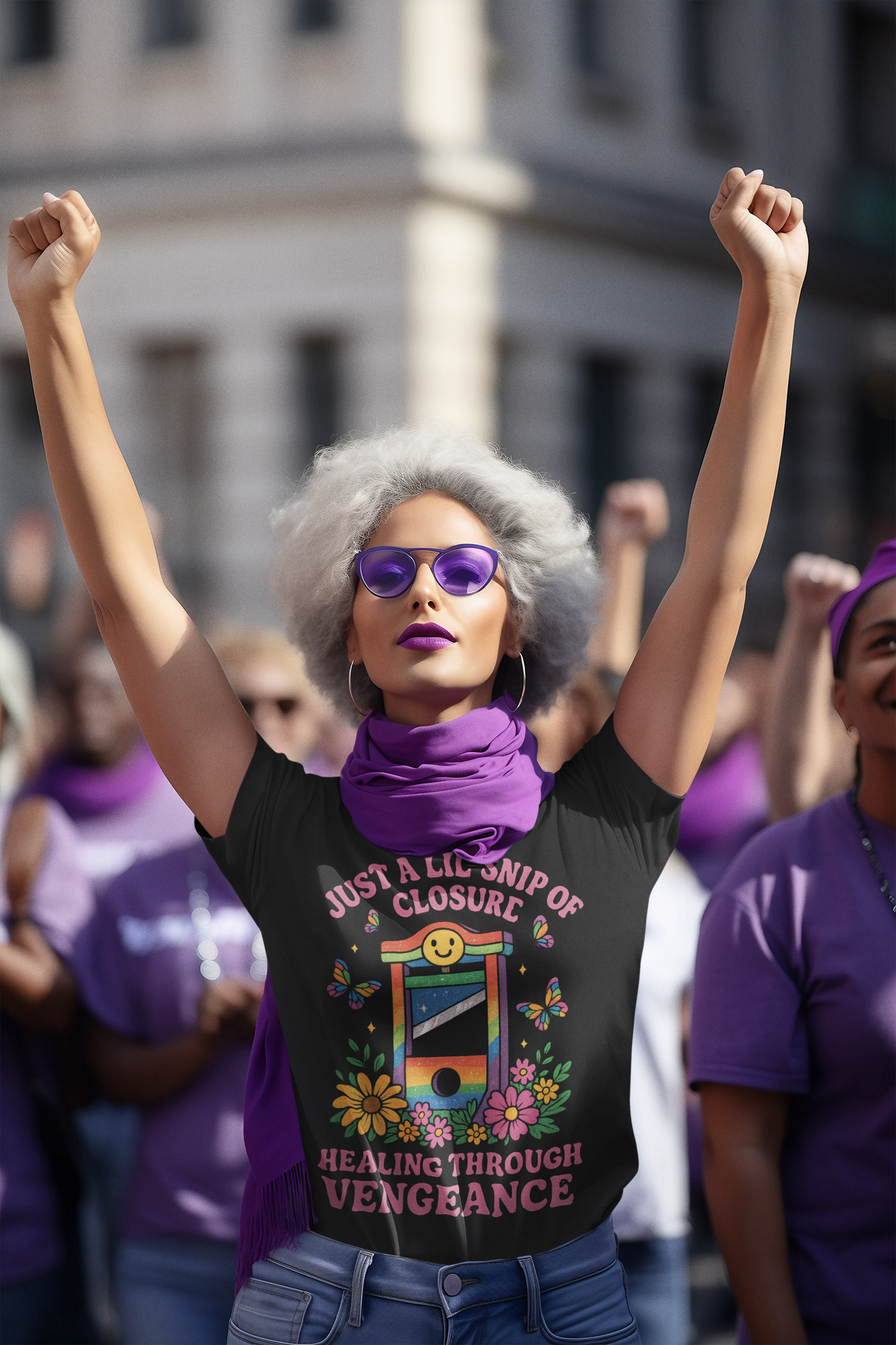 🌸 Healing Through Vengeance – Rainbow Guillotine novelty political shirt