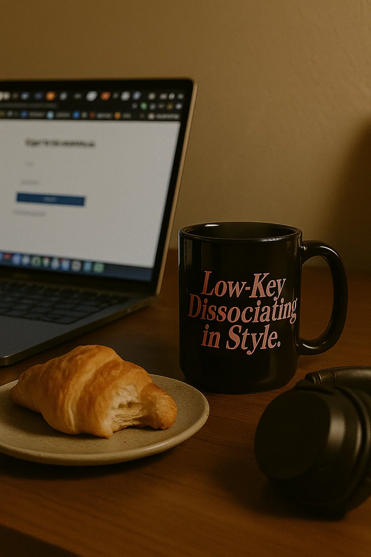 “Low-Key Dissociating in Style.” Mug – 15oz Black Ceramic Coffee Cup | Funny Mental Health Mug for Sarcastic Souls Mug (15 oz. Black)