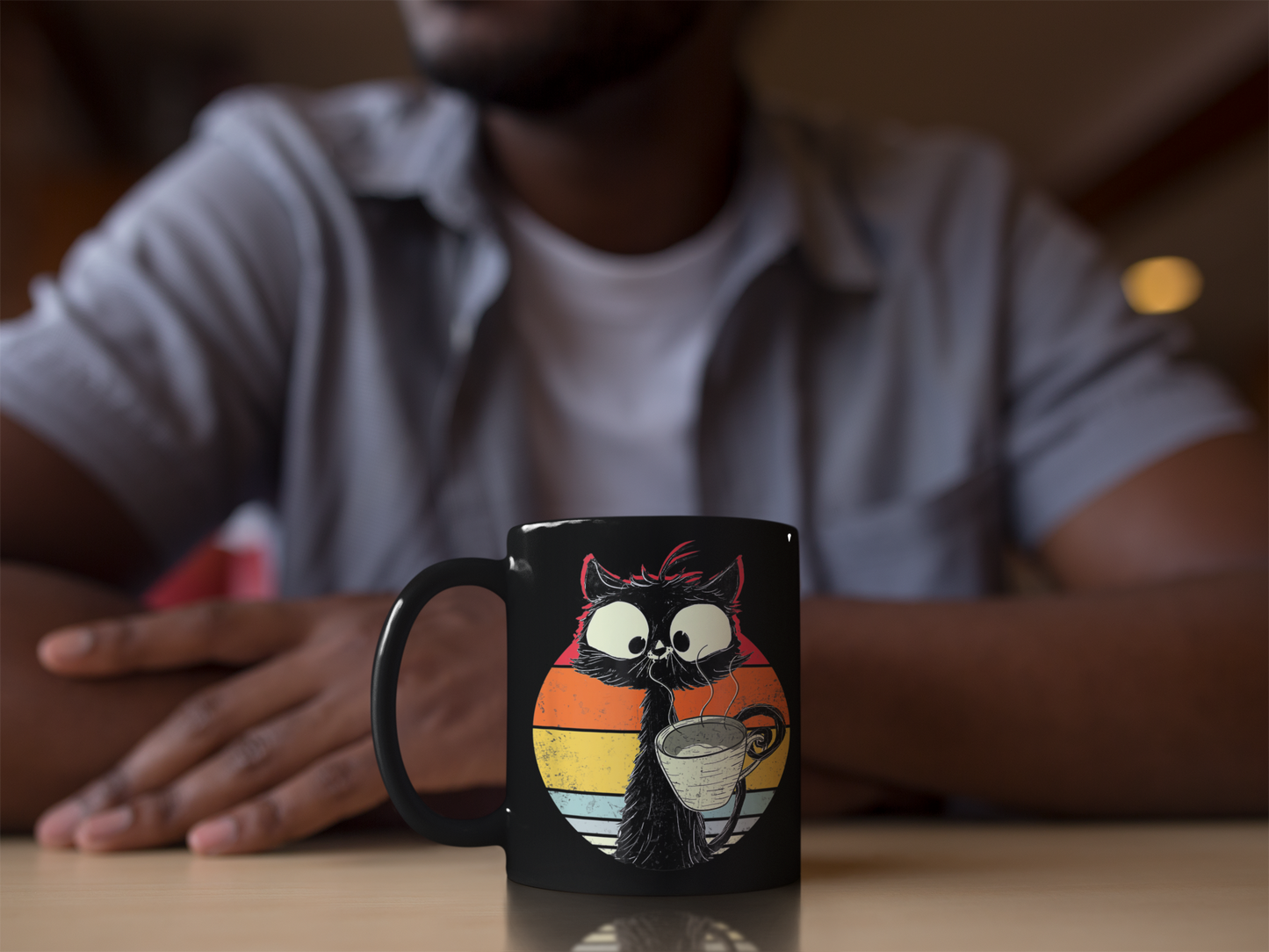Cute Cat with Coffee mugs and shirts 15oz.
