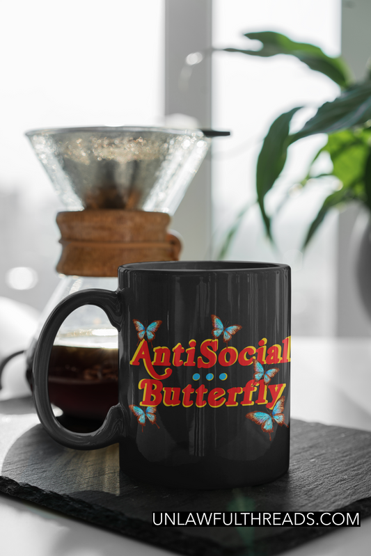 Antisocial Butterfly 15 ounce black mug