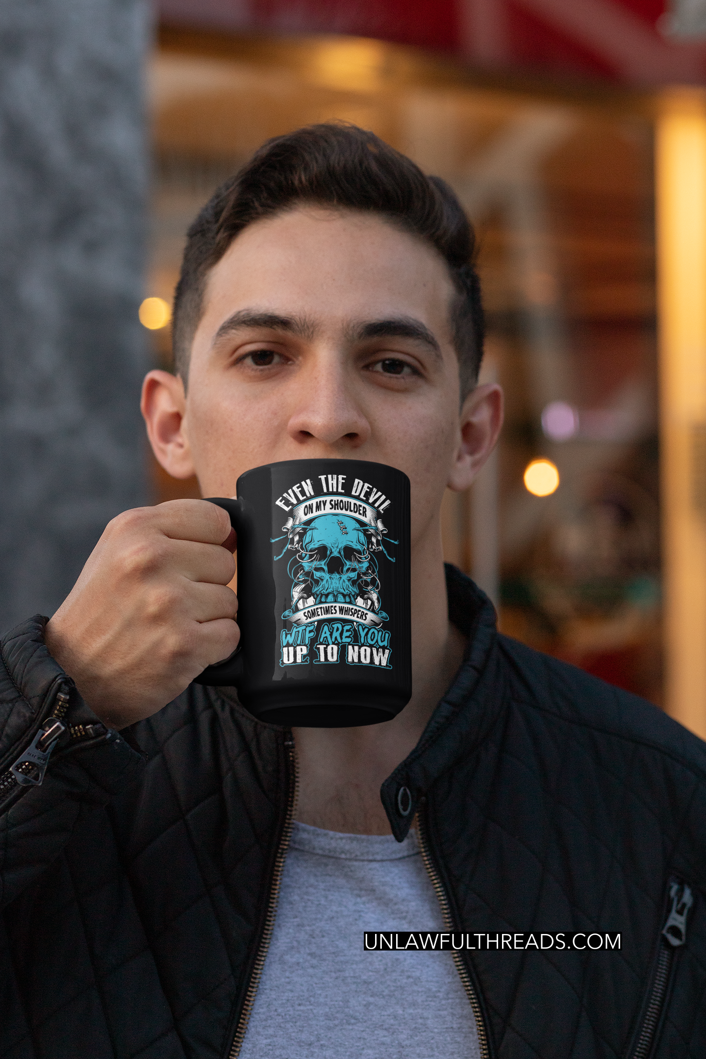 Skull shirt Even the Devil on my shoulder whispers wtf are you up to now skull coffee mug 15oz. or skull shirts