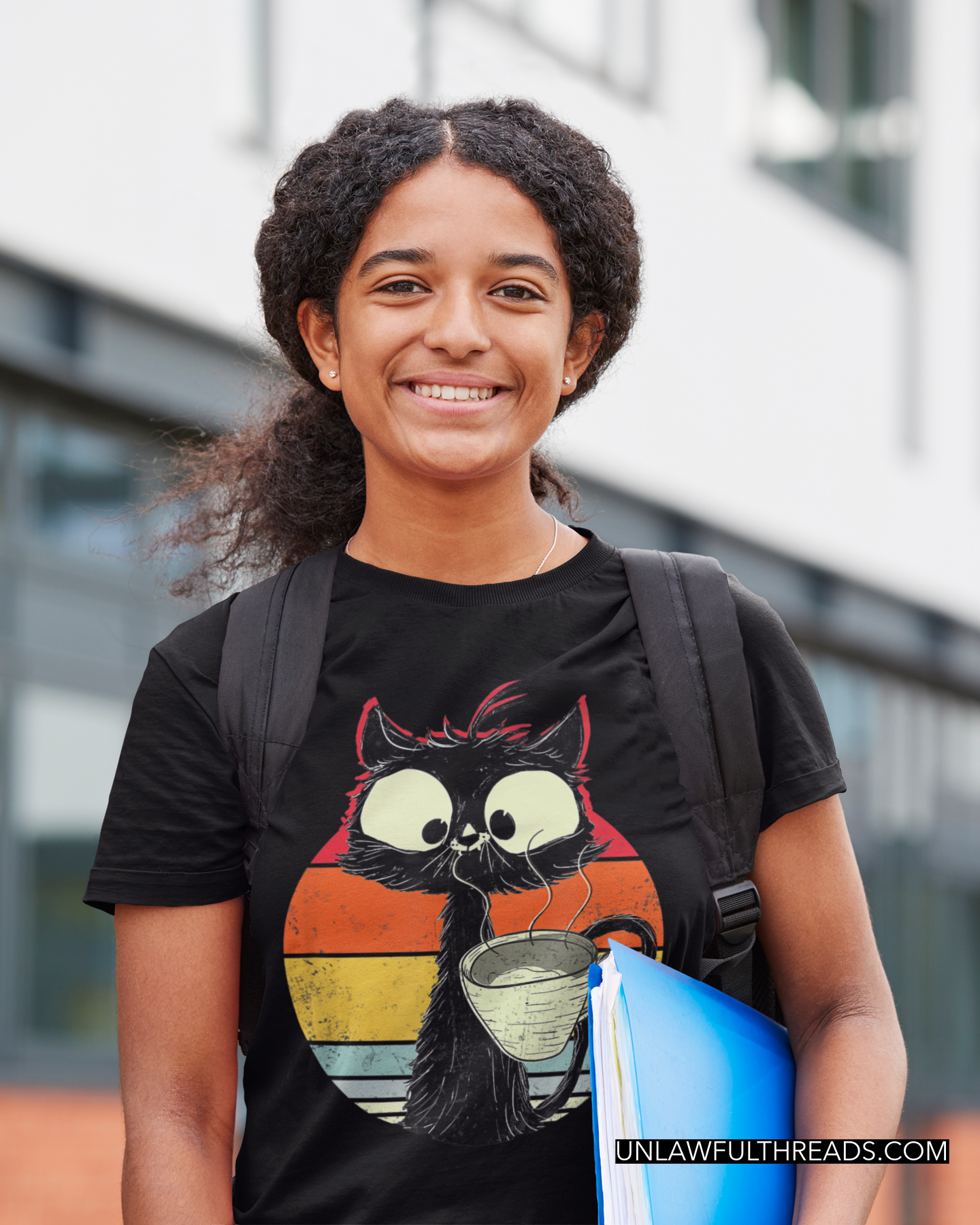 Cute Cat with Coffee mugs and shirts 15oz.