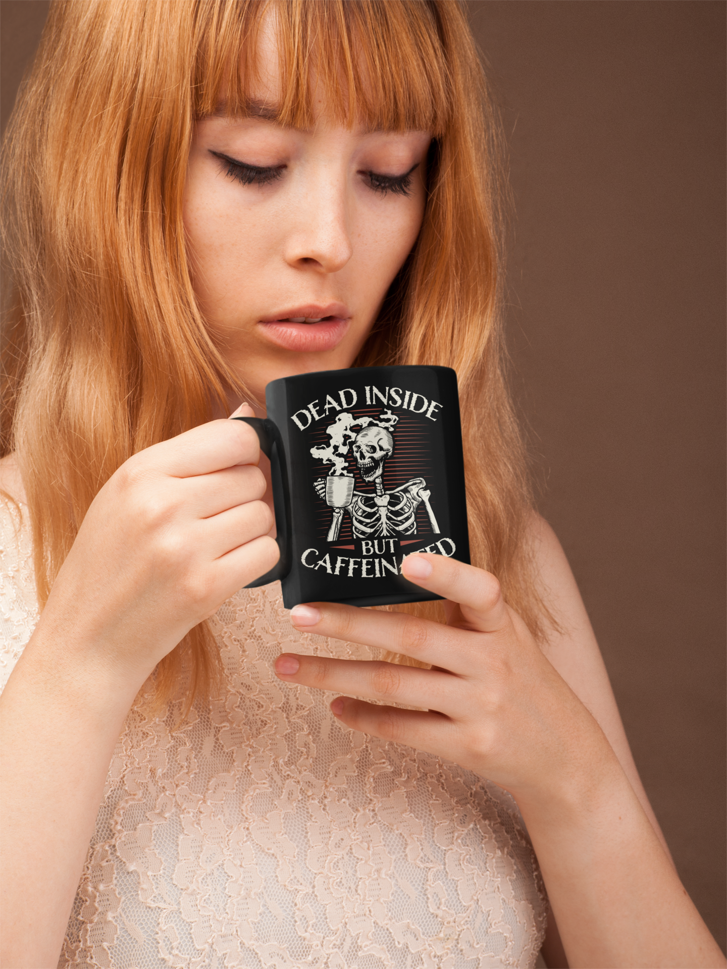 Dead Inside but Caffeinated black coffee mugs or shirts