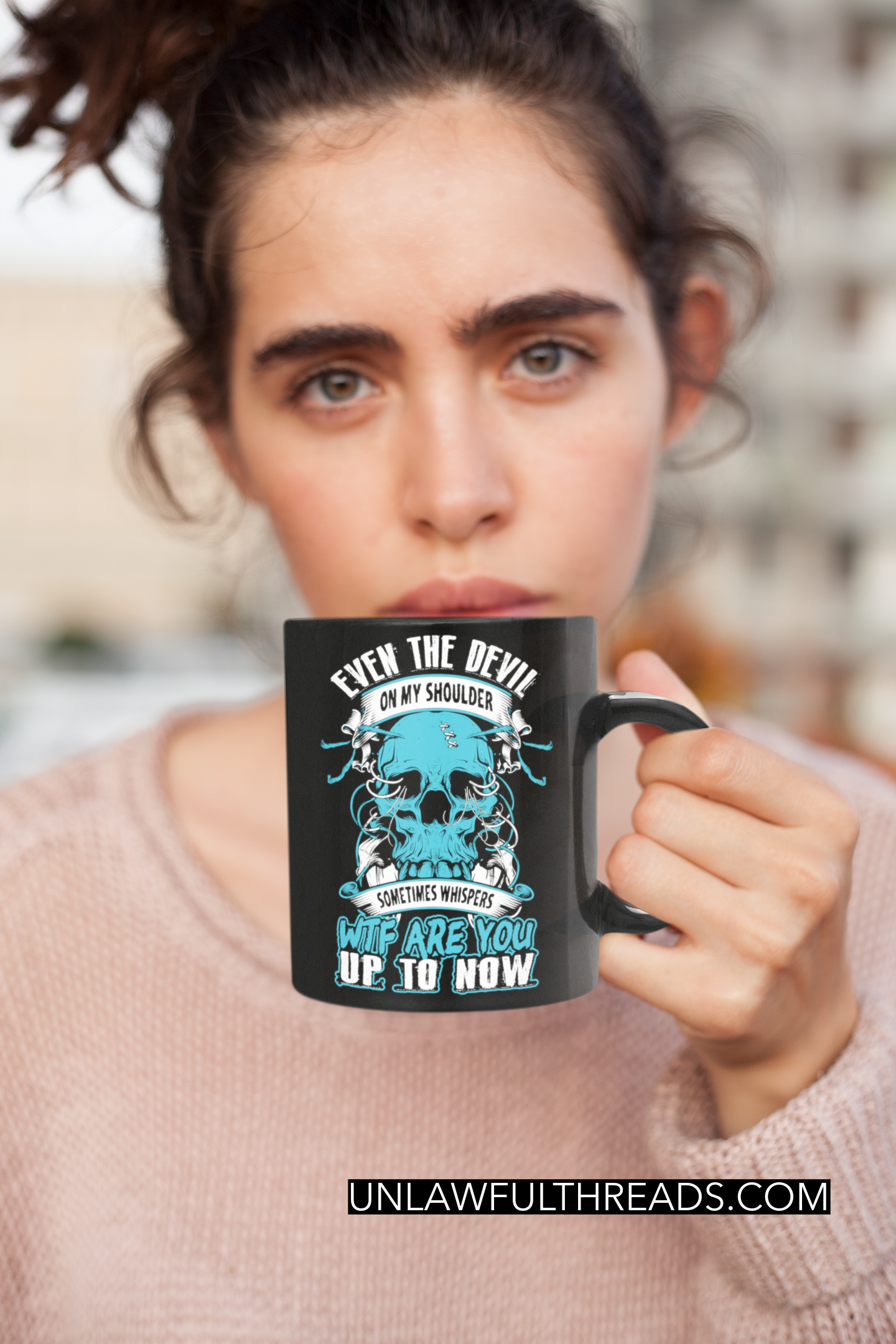 Skull shirt Even the Devil on my shoulder whispers wtf are you up to now skull coffee mug 15oz. or skull shirts