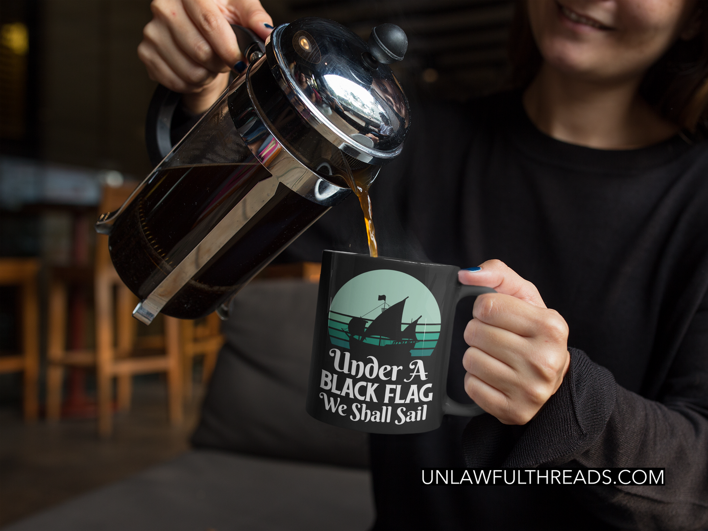Under a BLACK FLAG We Shall Sail shirts or coffee mugs available (black only)