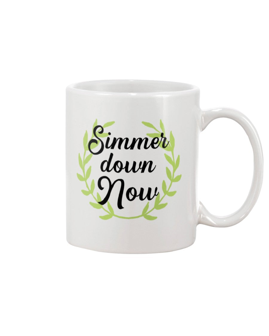 Simmer down Now 15 oz. white coffee mug green