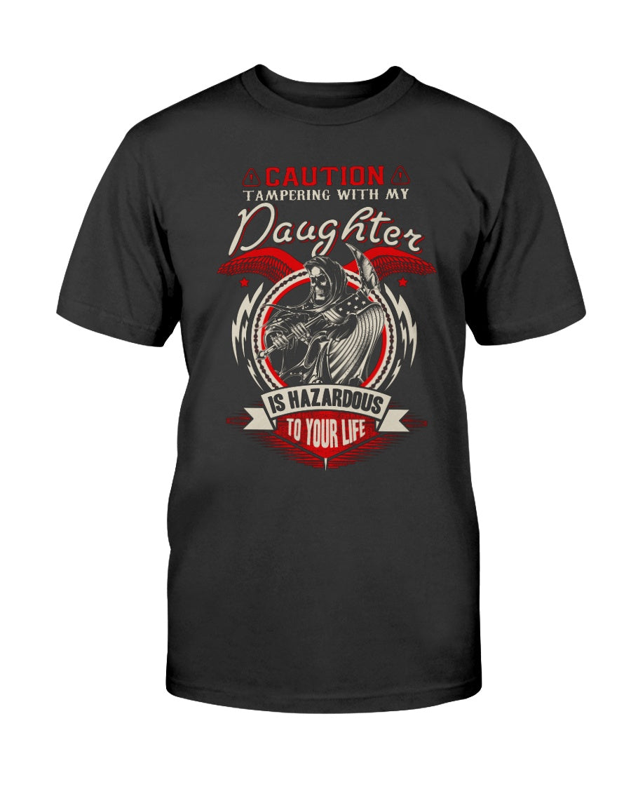 Skull shirt caution tampering with my daughter is hazardous to your life skull coffee mug 15oz. or skull shirts