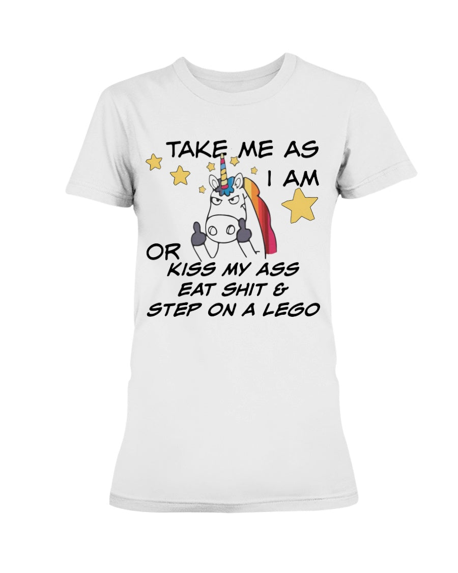 Unicorn middle finger coffee mug Take me as I am or kiss my ass eat shit and step on a lego unicorn coffee mug funny custom shirt or mug 15 oz.