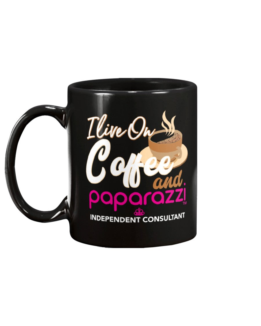 I live on coffee and paparazzi custom black mug or shirt or tote (not for retail sale)