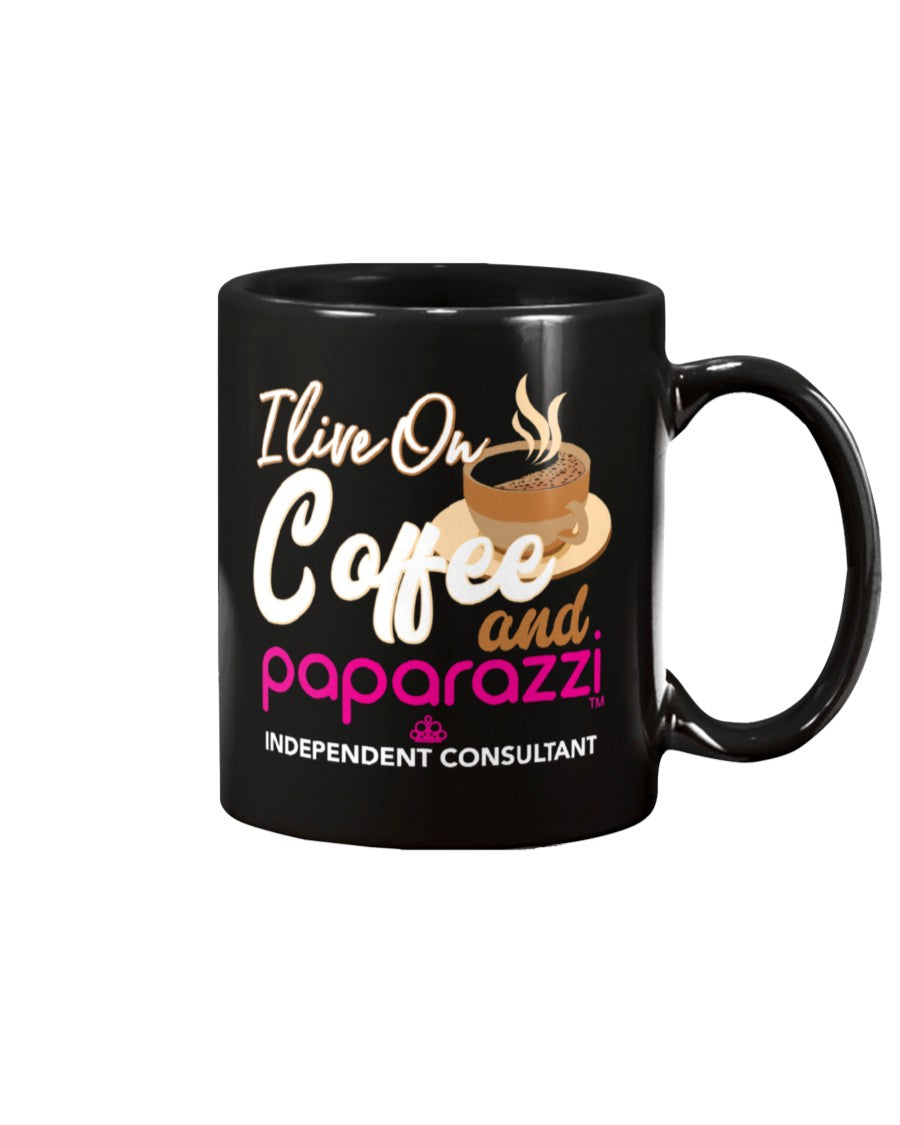 I live on coffee and paparazzi custom black mug or shirt or tote (not for retail sale)