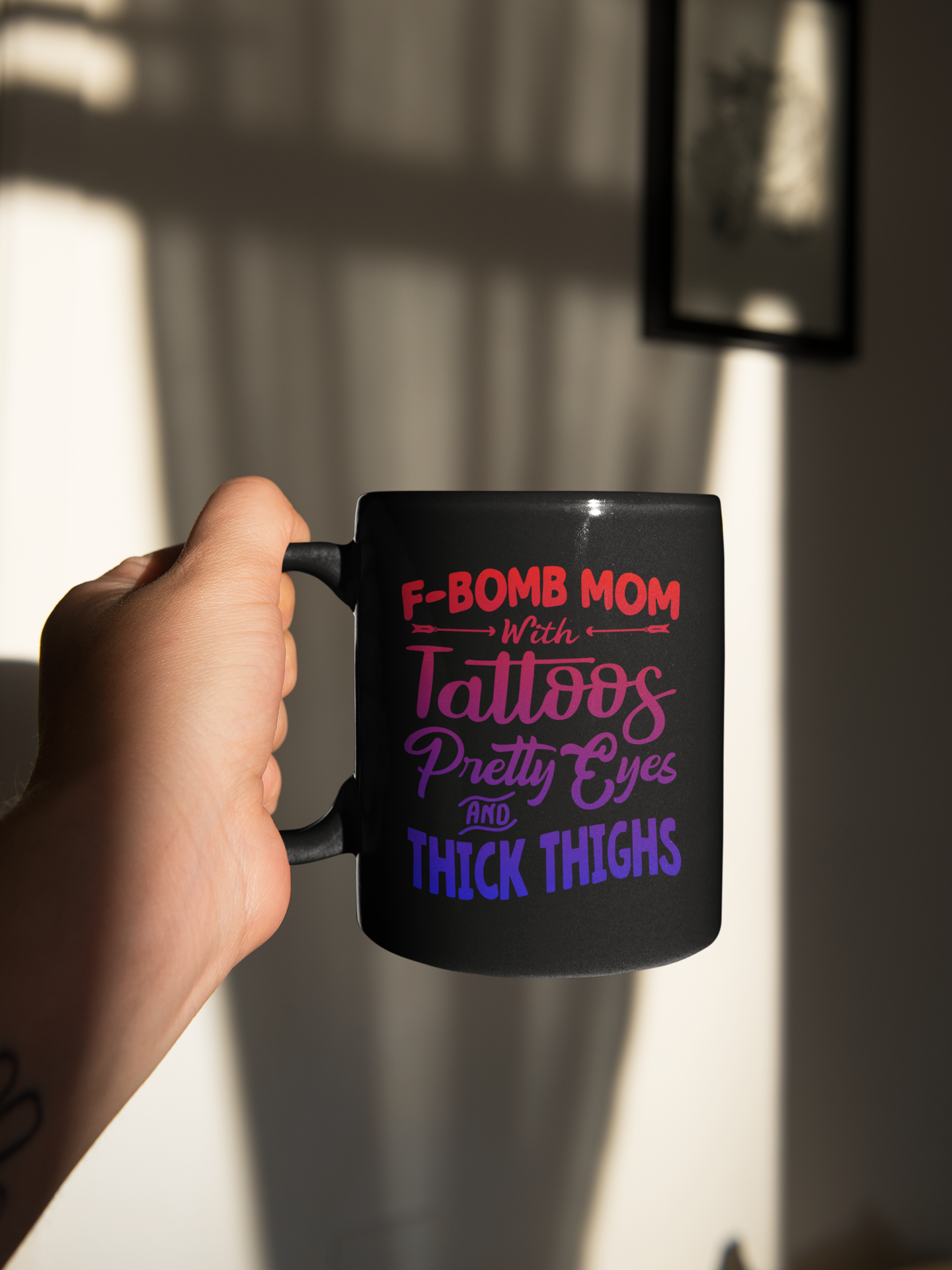 F Bomb Mom with Tattoos pretty eyes and thick thighs coffee mug 15oz Mug