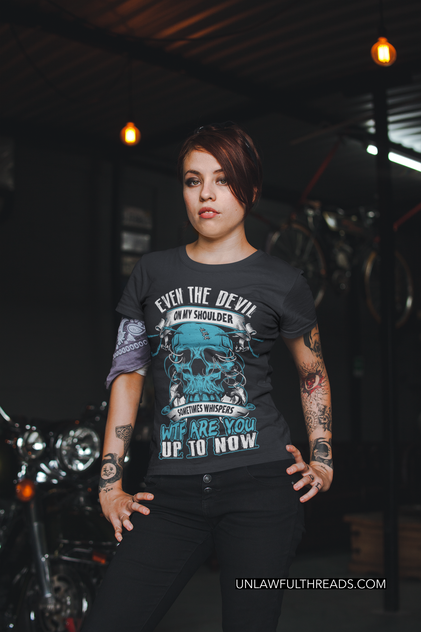 Skull shirt Even the Devil on my shoulder whispers wtf are you up to now skull coffee mug 15oz. or skull shirts