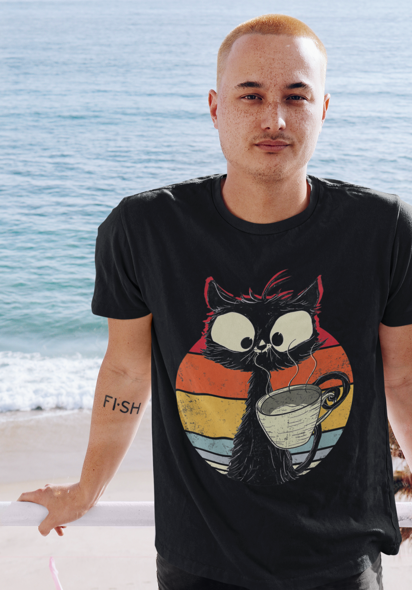 Cute Cat with Coffee mugs and shirts 15oz.