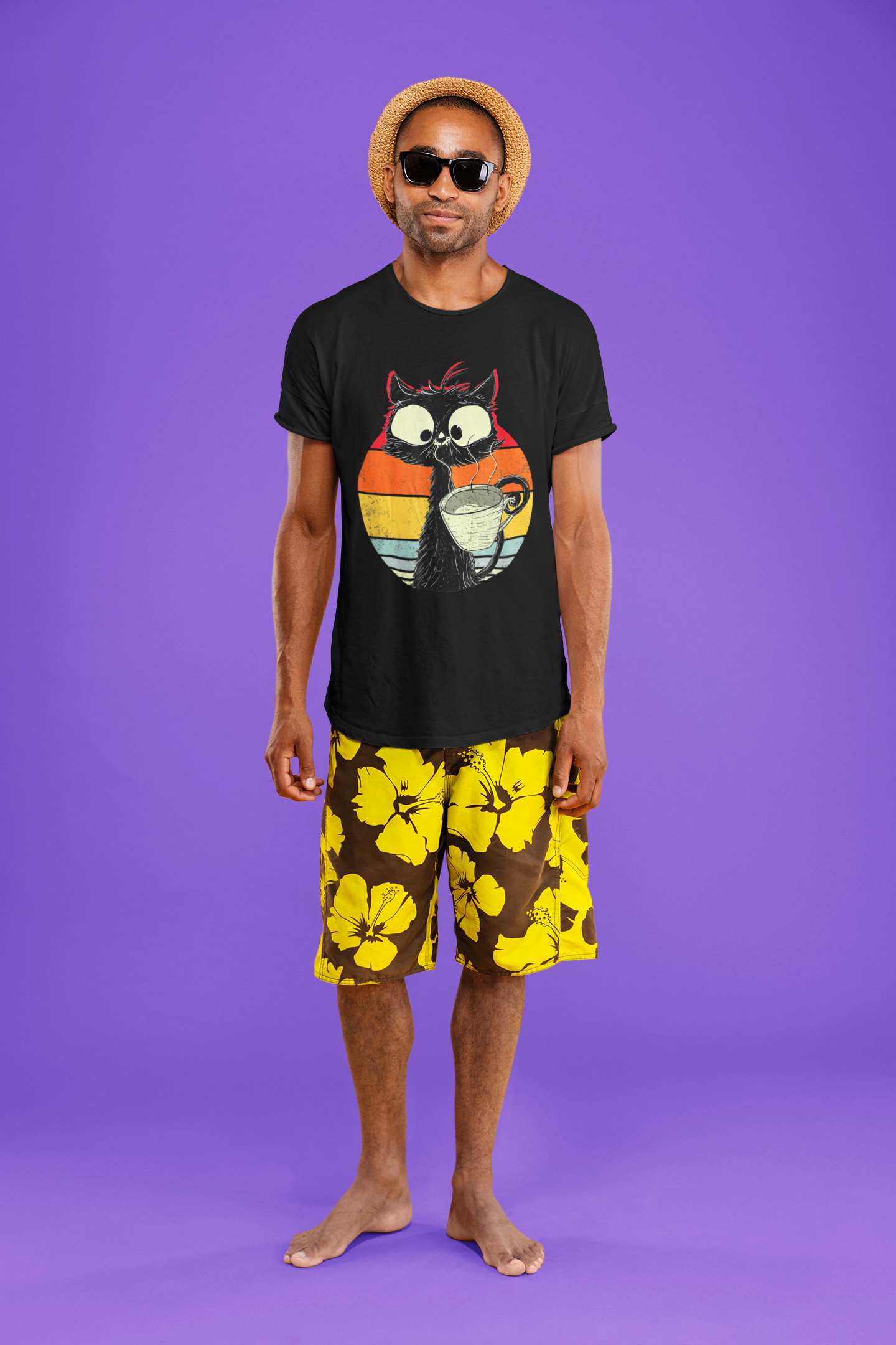 Cute Cat with Coffee mugs and shirts 15oz.