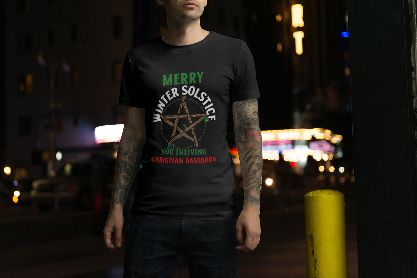 Merry Winter Solstice You Theiving Christian Bastards black shirts or black mugs 15 oz.