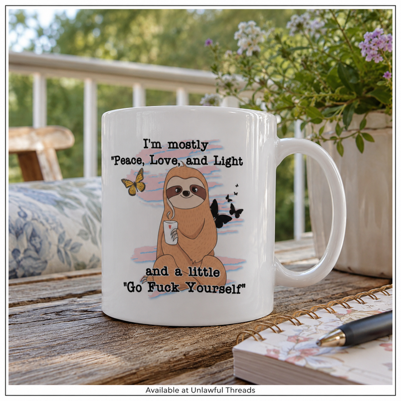 Peace Love & Light Sloth 15oz Mug — 3 Designs
