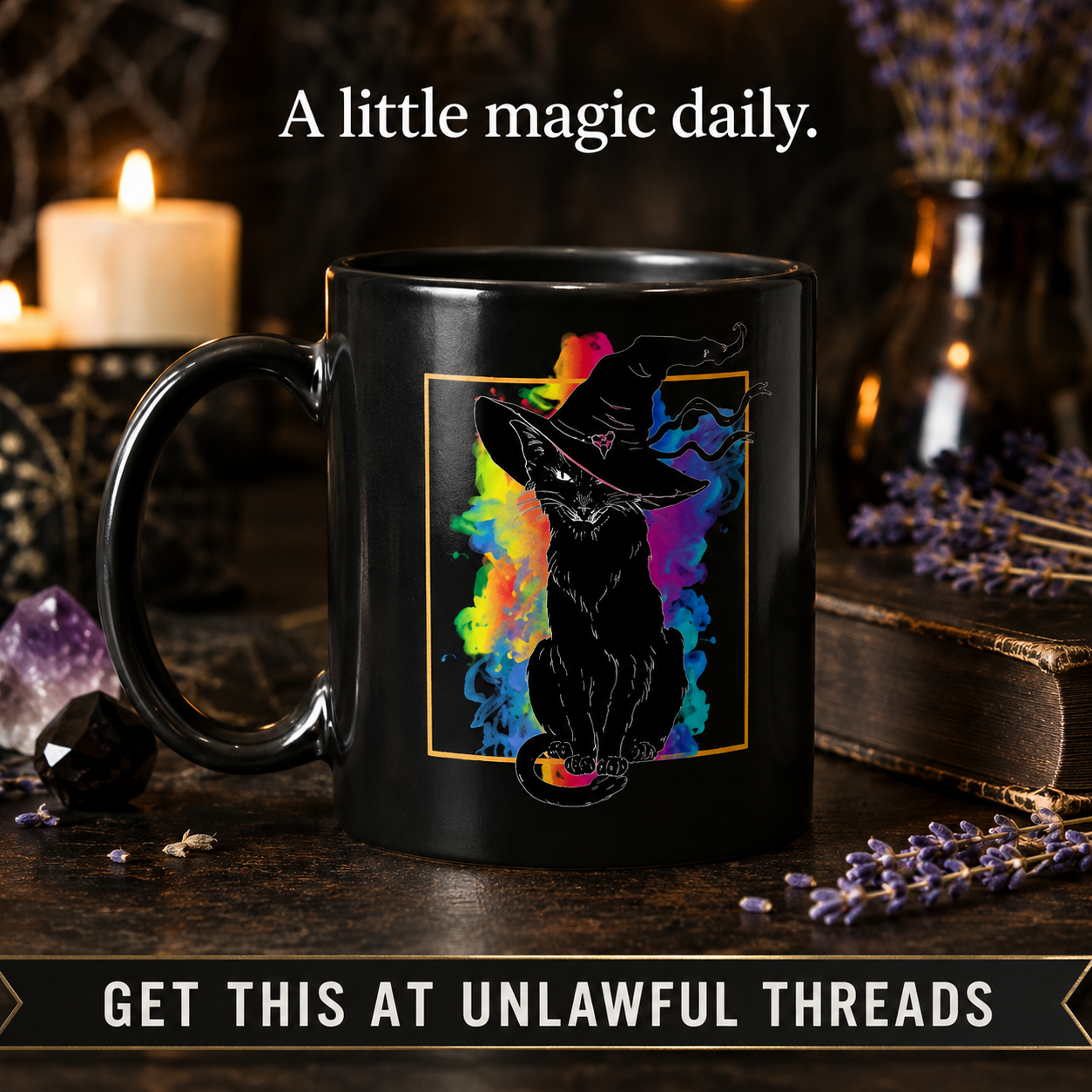 Halloween Witch Cat Mug & Shirt — Black Cat Watercolor Design