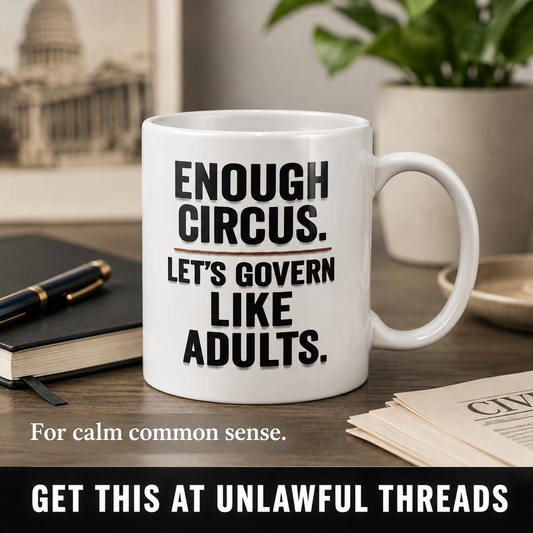 Enough Circus. Let’s Govern Like Adults.” Mug – White 15oz Political Coffee Cup
