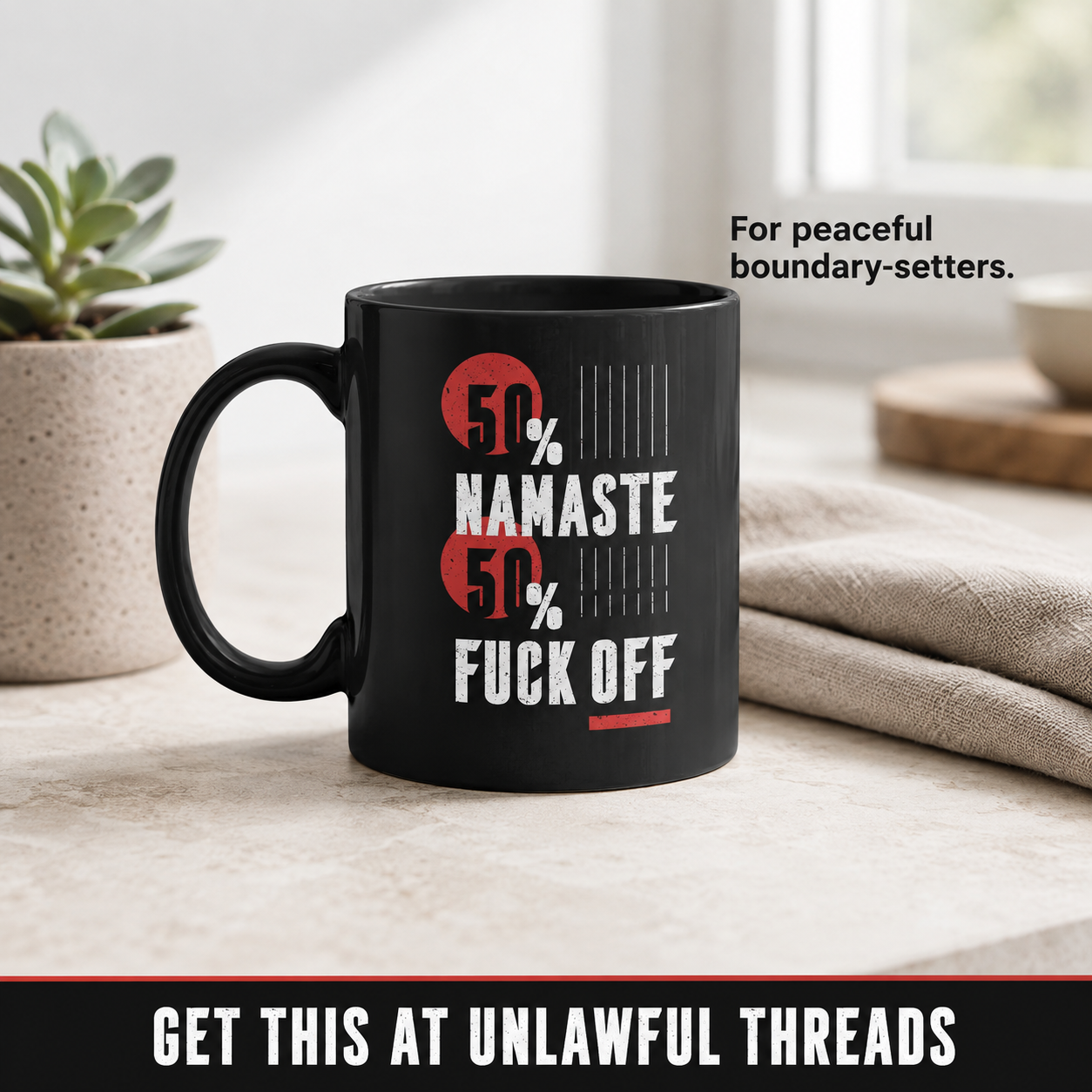 50% Namaste, 50% F*** Off – Funny Yoga Mug | 15oz Black Ceramic