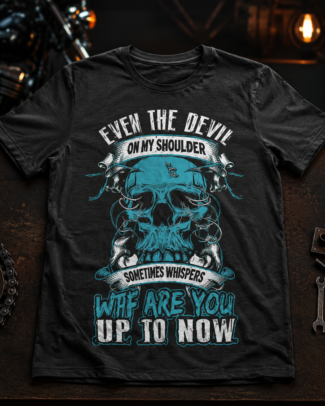 Even the Devil on My Shoulder Whispers WTF – Funny Skull T-Shirt & Coffee Mug