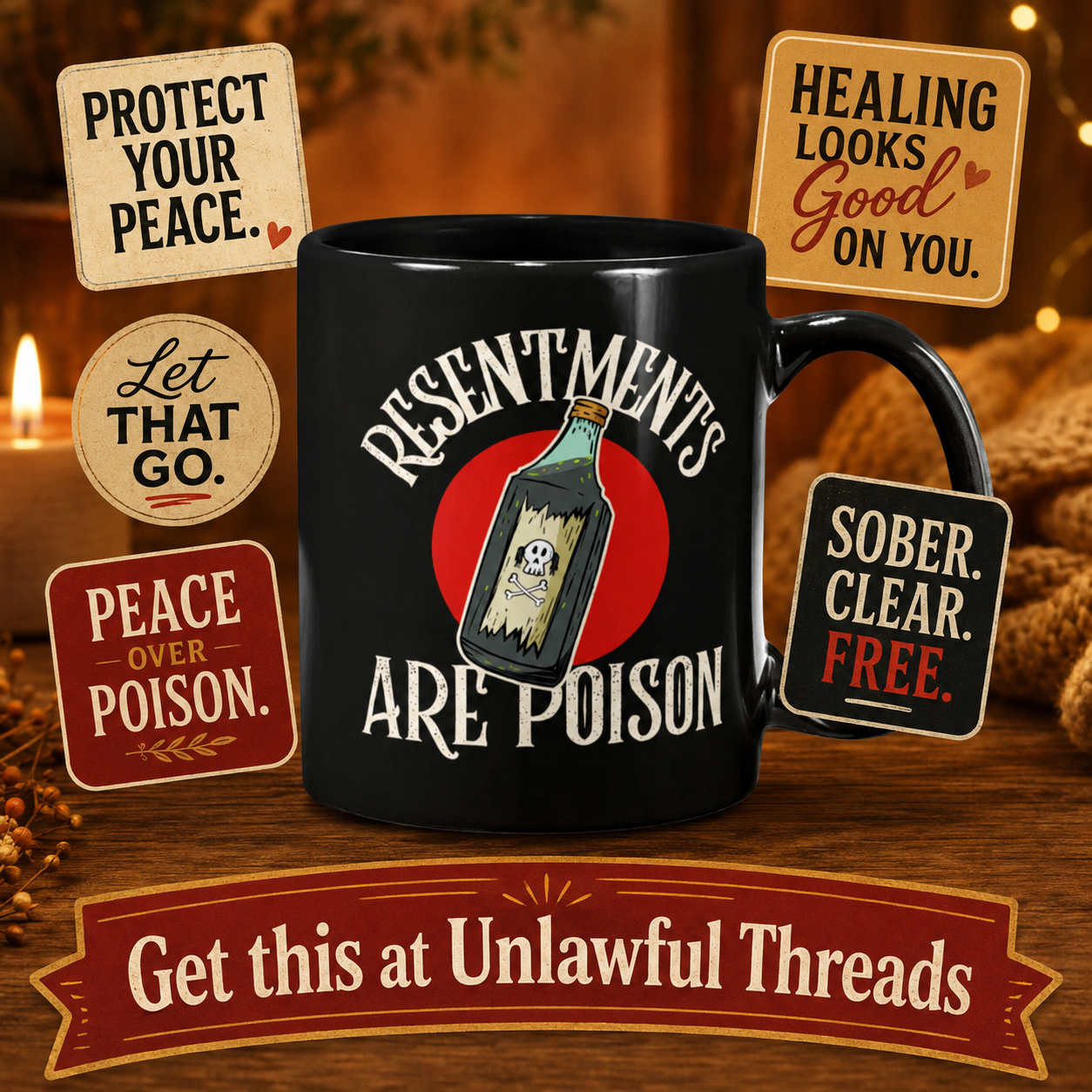 Resentments Are Poison Mug | Funny Sobriety & Recovery Gift | 15oz Black Ceramic