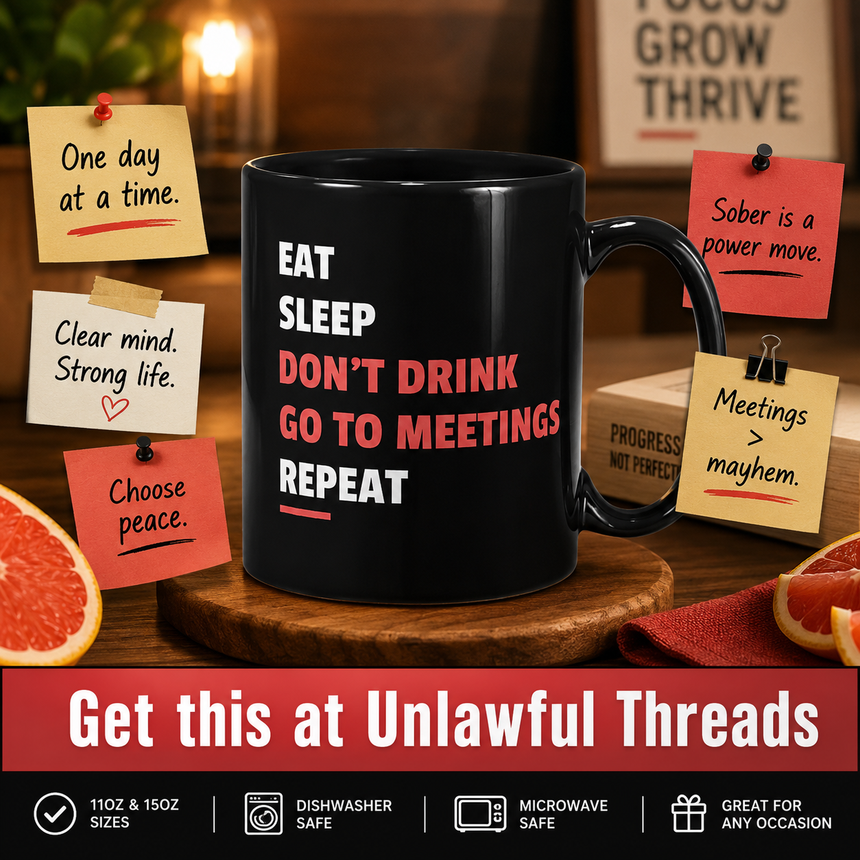 Eat Sleep Don't Drink Go To Meetings Repeat Mug | Funny AA Recovery Gift