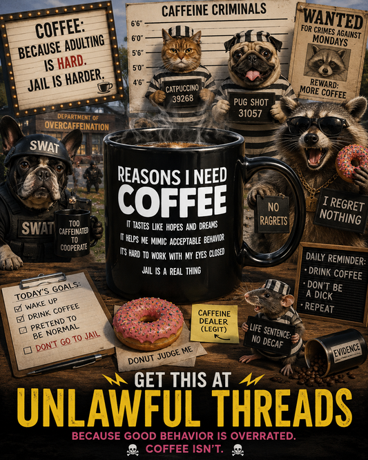 Reasons I Need Coffee — Funny 15oz Black Coffee Mug