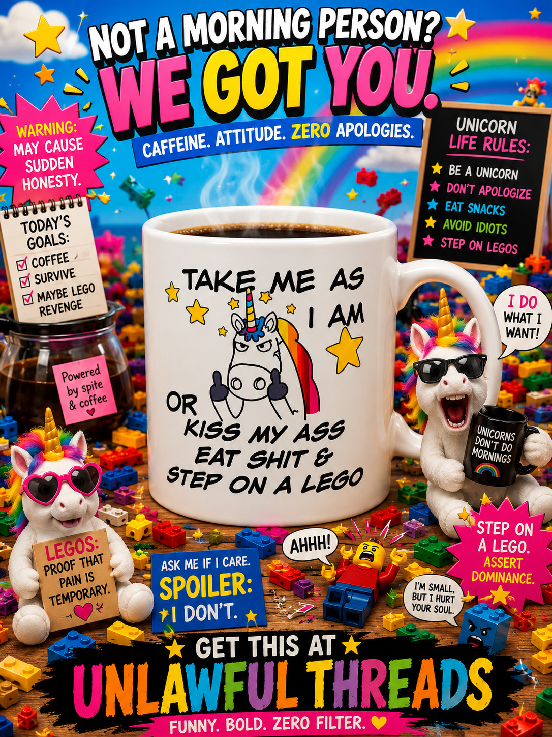 Unicorn Middle Finger Coffee Mug – Take Me As I Am or Kiss My Ass, Eat Sh*t & Step on a Lego | Funny 15oz Gift Mug