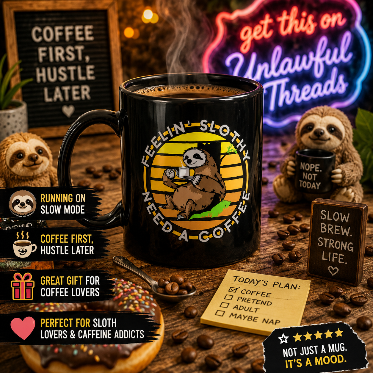 Feelin' Slothy? 15oz Ceramic Coffee Mug – Funny Sloth & Coffee Lover Gift