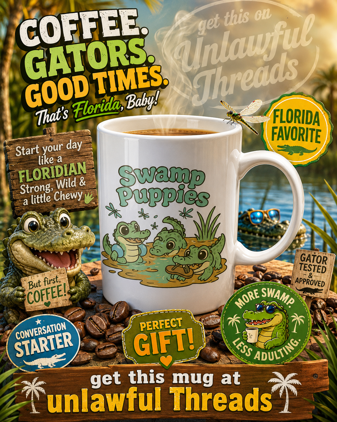 🐊 Swamp Puppies – Cute Alligator Florida mug 15oz.