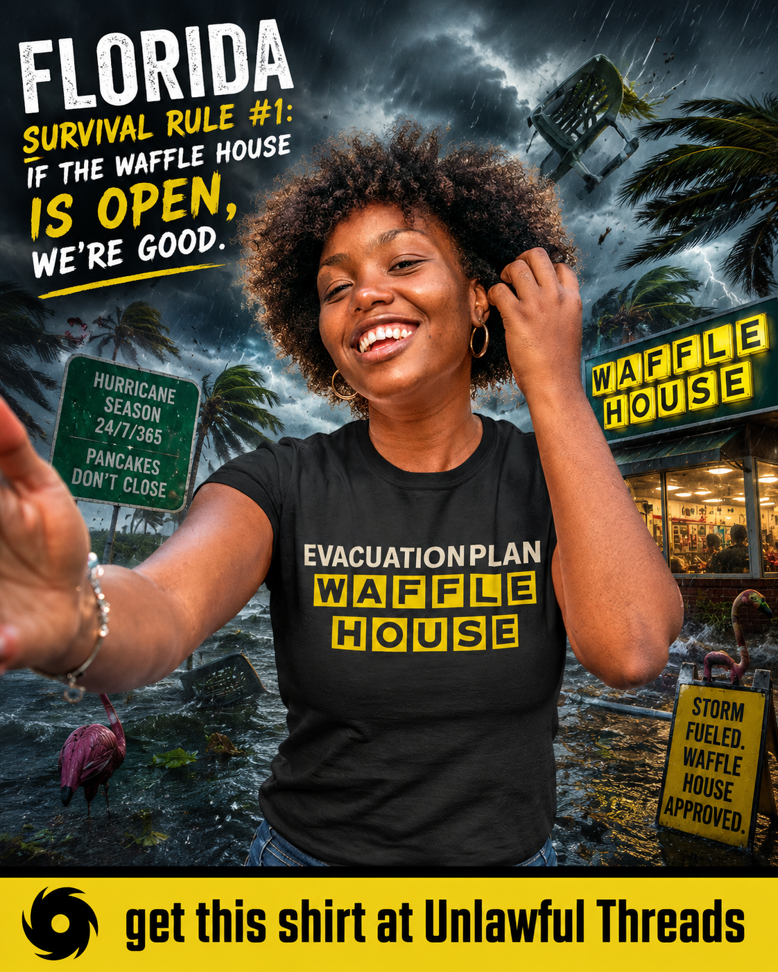 Evacuation Plan: Waffle House – Florida Hurricane Humor T-Shirt