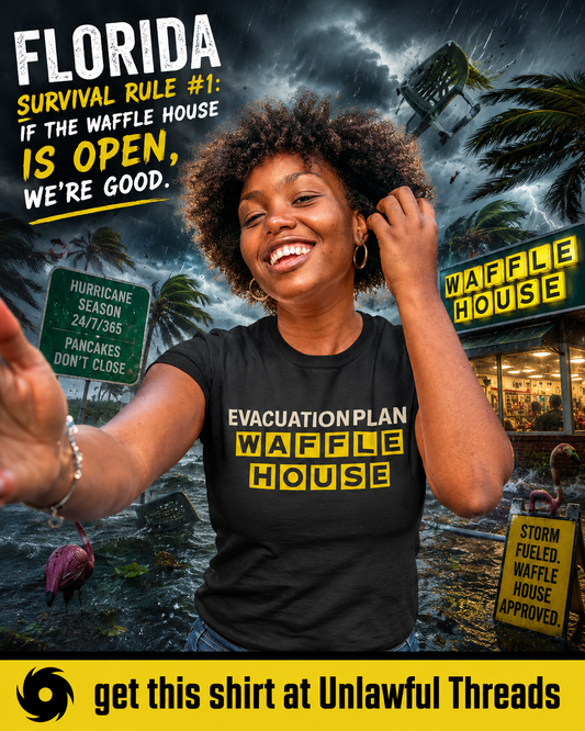 Evacuation Plan: Waffle House – Florida Hurricane Humor T-Shirt
