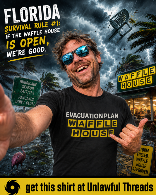 Evacuation Plan: Waffle House – Florida Hurricane Humor T-Shirt