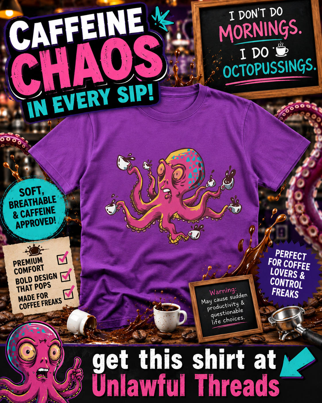 8 Arms 8 Coffees — Funny Octopus Coffee T-Shirt