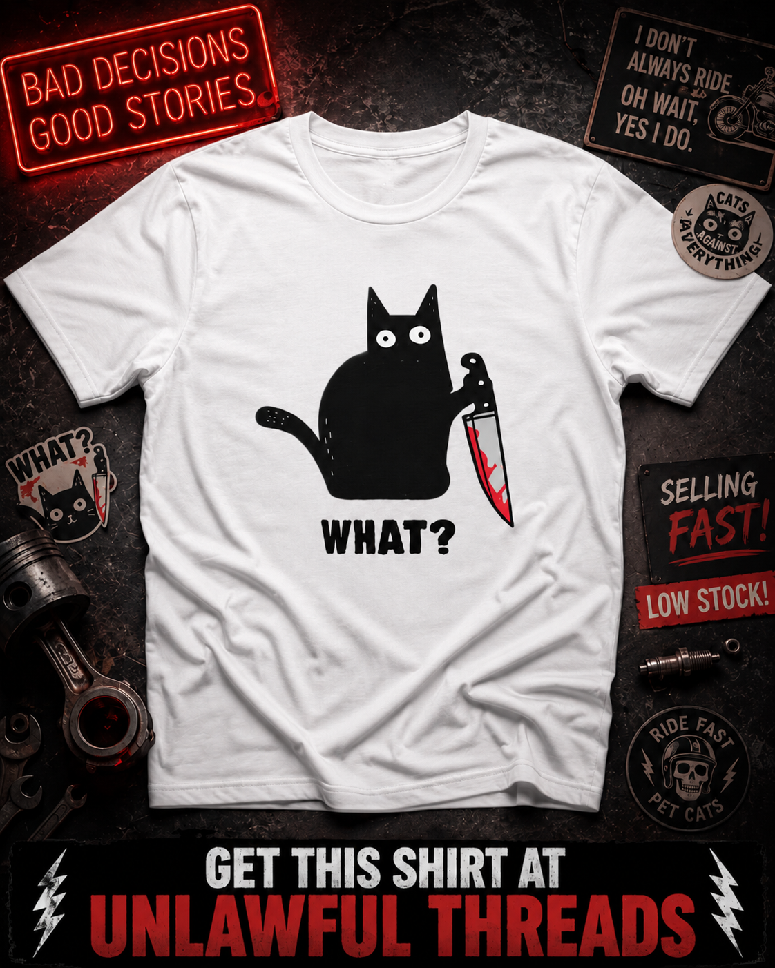 Black Cat Bloody Knife What Shirt – Funny Dark Humor Tee