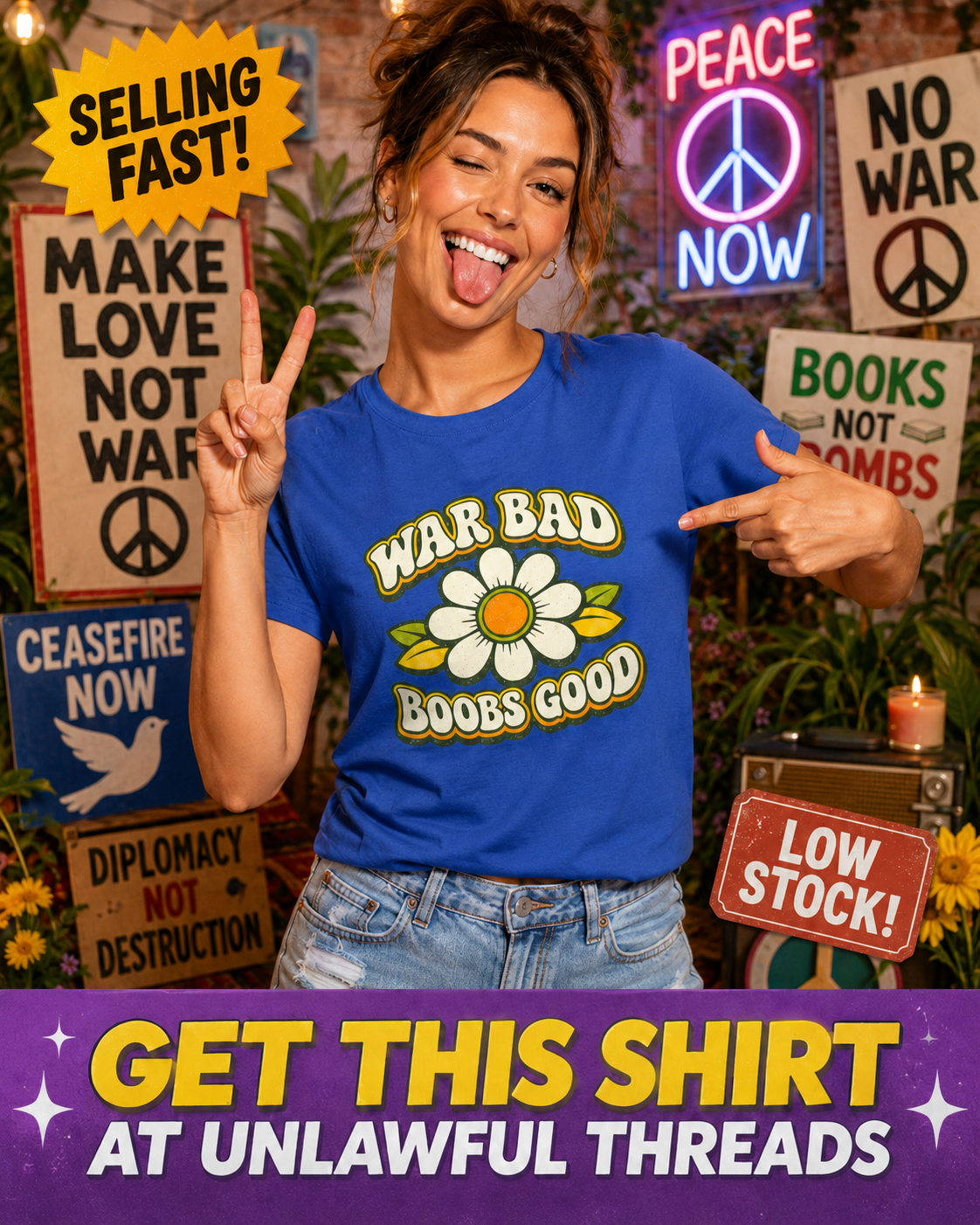 War Bad Boobs Good Flower Power Political Shirt