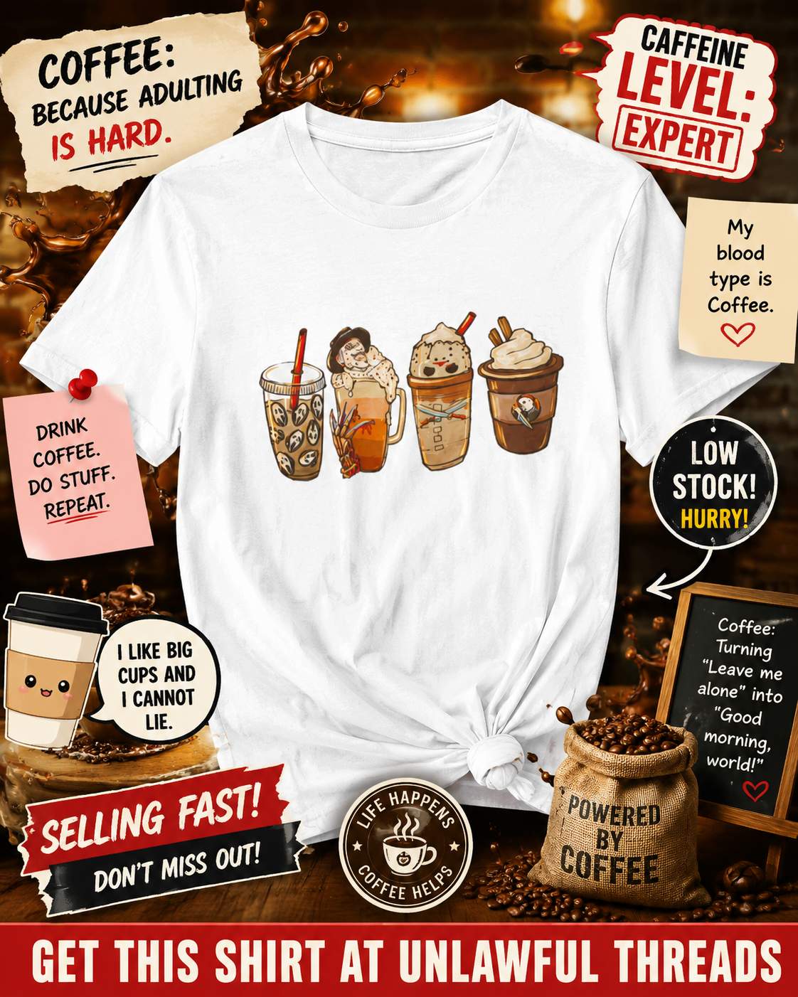 Horror Latte shirts all cotton shirts topped with foam and a lil blood. men and womens sizes