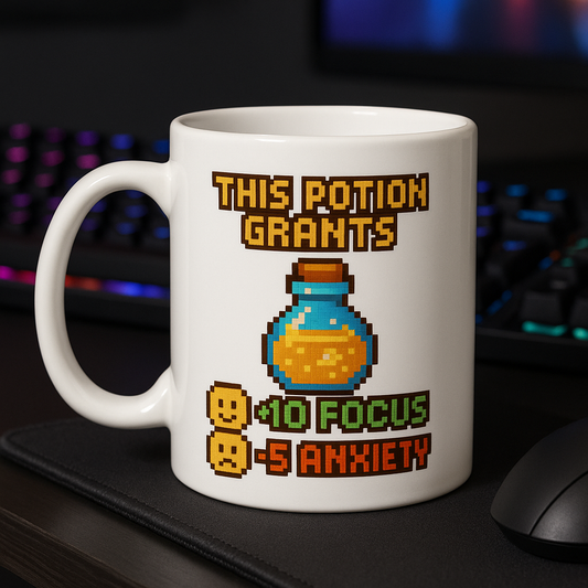 +10 Focus / -5 Anxiety Potion Mug – Pixel Gamer Coffee Cup