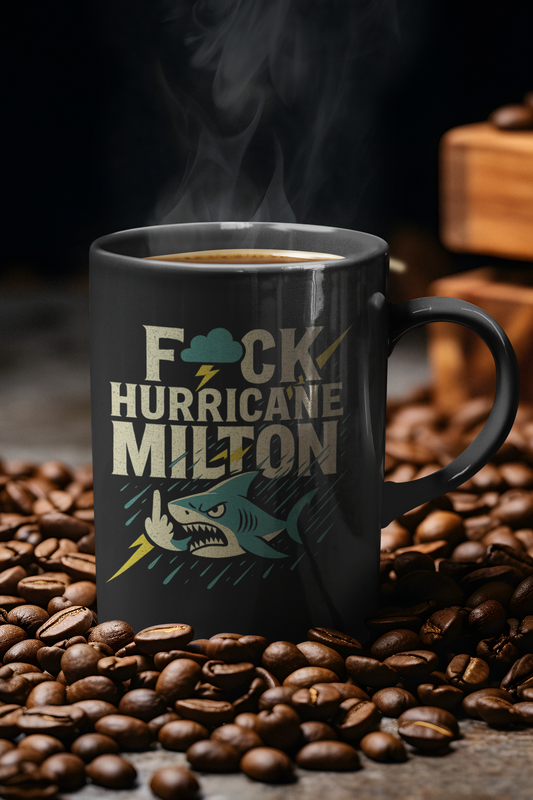 🌪️ F*ck Hurricane Milton – Angry Shark Storm Mug (15 oz. Black)