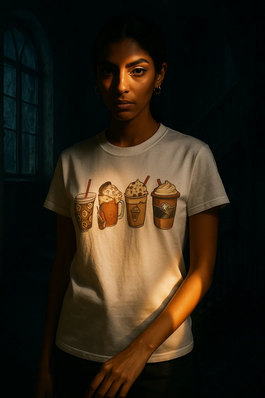 Horror Latte shirts all cotton shirts topped with foam and a lil blood. men and womens sizes