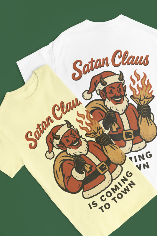 “Satan Claus Is Coming to Town” Shirt – White Short Sleeve Tee | Funny Dark Christmas Shirt for the Wickedly Festive