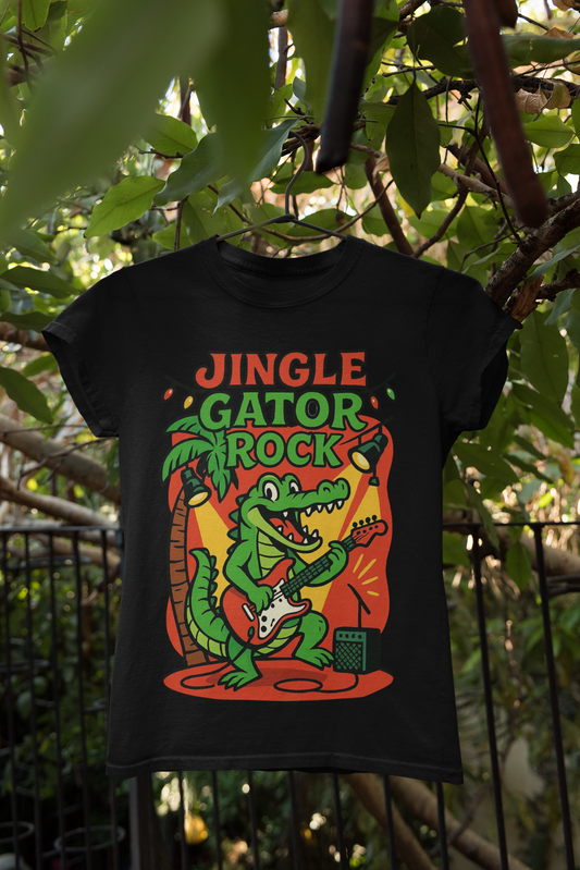 Jingle Gator Rock” Shirt – Black Short Sleeve Tee | Funny Florida Christmas Shirt for Music Lovers & Swamp Rock Fans| Funny Florida Shirt
