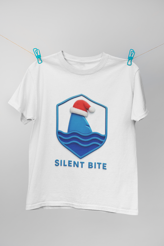 Silent Bite  Shirt – White Short Sleeve Tee | Funny Shark Christmas Shirt for Beach Lovers & Holiday Rebels  | Funny Florida Shirt