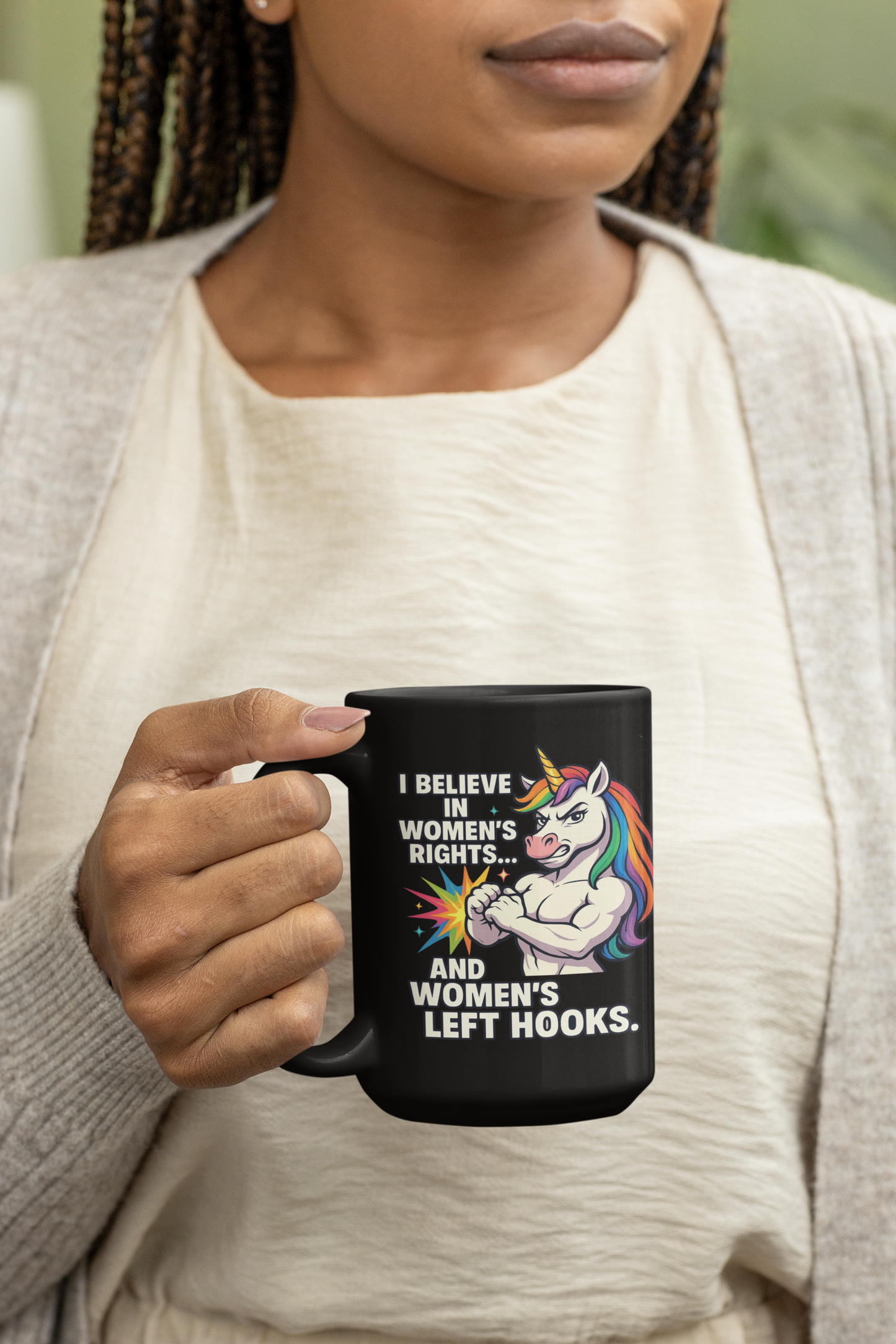 🦄💥 “Women’s Rights & Women’s Left Hooks” – Black 15oz Ceramic Mug