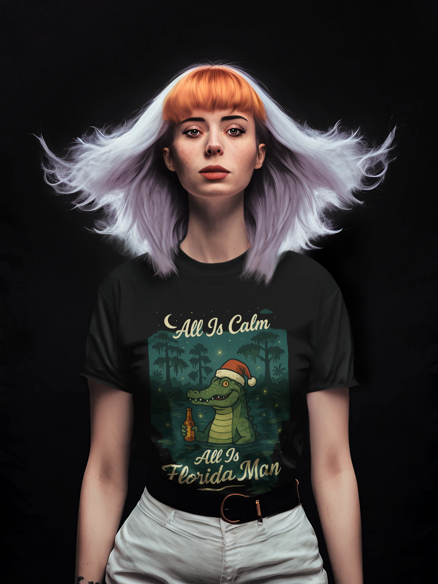 All Is Calm, All Is Florida Man” Shirt – Black Short Sleeve Tee | Funny Florida Christmas Gator Shirt | Funny Florida Shirt